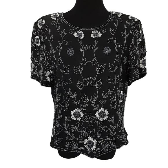 Vintage 1980s Floral Beaded Blouse 100% Silk Black Evening Wear Embroidered XL - Picture 1 of 14